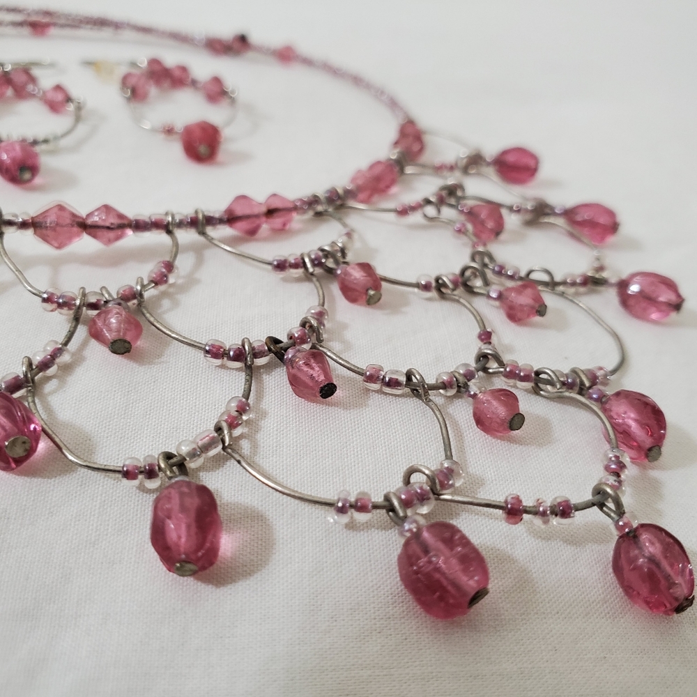 Pink Beaded Necklace & Earrings